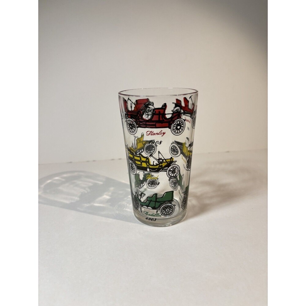 Hazel Atlas Antique Auto Design Tumbler Glass Stanley Caddy Ford Model T & More!